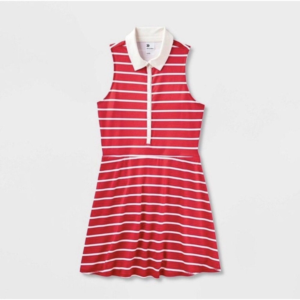 All In Motion Women Sleeveless Knit Polo Active Dress Red/Wht Stripes Sz Large